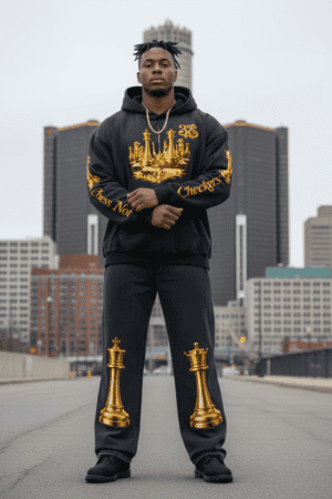 A man standing in downtown Detroit wearing the 313 Emblems "Chess Not Checkers" bundle. The black hoodie features a metallic gold chess piece crown graphic on the chest and "Chess Not Checkers" script in gold along the sleeves. The matching black joggers feature large metallic gold King and Queen chess piece graphics on the lower legs.
