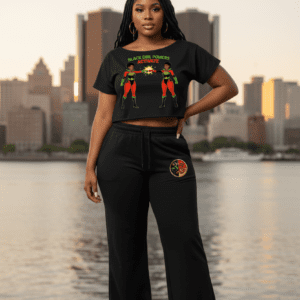 A woman standing by the Detroit riverfront with the city skyline in the background. She is wearing the 313 Emblems "Black Girl Power" bundle, featuring a black short-sleeve crop top with a "Black Girl Powers Activate" graphic and matching black wide-leg joggers with a circular 313 emblem on the hip.
