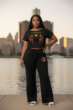 A woman standing by the Detroit riverfront with the city skyline in the background. She is wearing the 313 Emblems "Black Girl Power" bundle, featuring a black short-sleeve crop top with a "Black Girl Powers Activate" graphic and matching black wide-leg joggers with a circular 313 emblem on the hip.