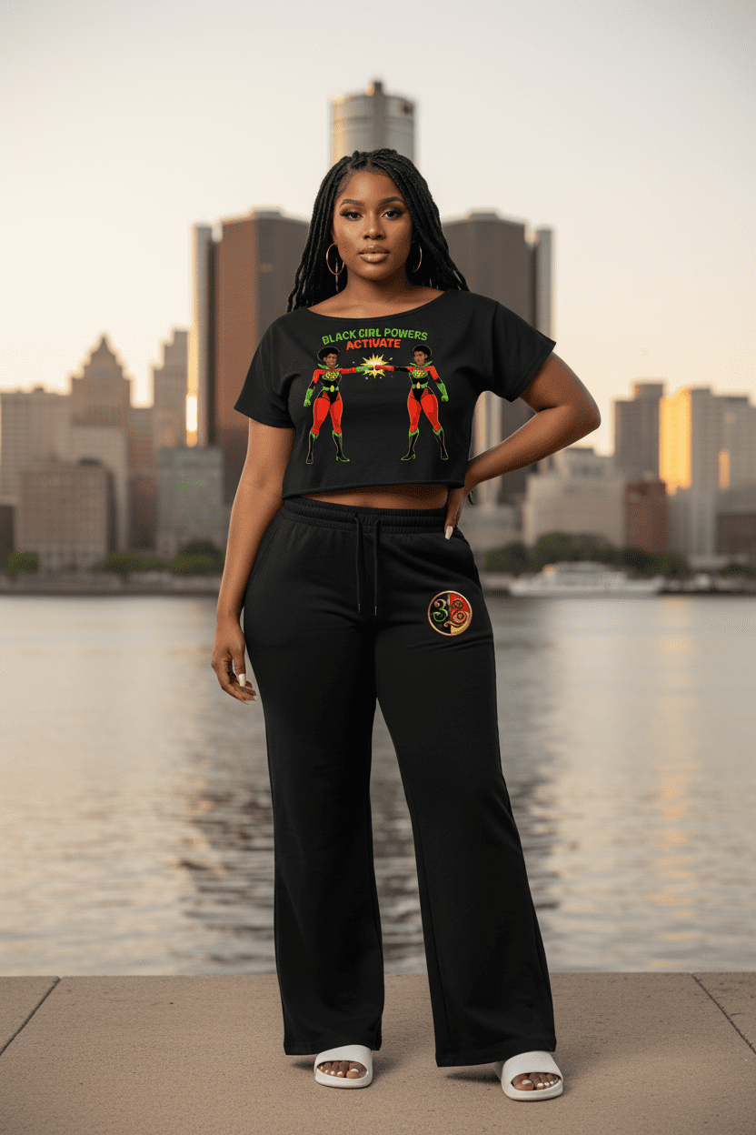 A woman standing by the Detroit riverfront with the city skyline in the background. She is wearing the 313 Emblems "Black Girl Power" bundle, featuring a black short-sleeve crop top with a "Black Girl Powers Activate" graphic and matching black wide-leg joggers with a circular 313 emblem on the hip.