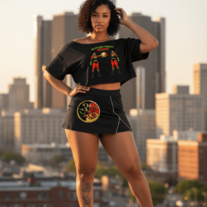 A woman with red hair standing on a rooftop with the Detroit Renaissance Center skyline in the background. She is wearing the 313 Emblems "Boys of Summer" sunfade orange t-shirt featuring a Tigers-inspired Gothic "D" and "DETROIT" arched text, paired with matching orange leggings and white sneakers