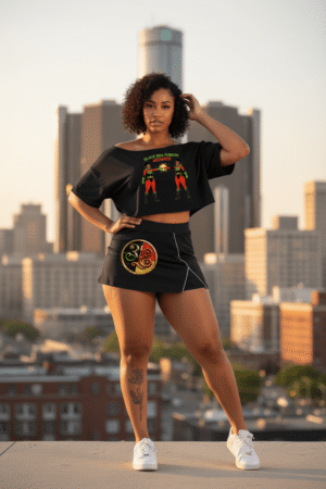 A woman with red hair standing on a rooftop with the Detroit Renaissance Center skyline in the background. She is wearing the 313 Emblems "Boys of Summer" sunfade orange t-shirt featuring a Tigers-inspired Gothic "D" and "DETROIT" arched text, paired with matching orange leggings and white sneakers
