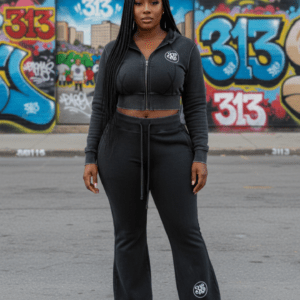 A woman standing on a rooftop with the Detroit skyline and Renaissance Center in the background. She is wearing the 313 Emblems "Black Girl Power" bundle, featuring a black short-sleeve crop top with the "Black Girl Powers Activate" superhero graphic and a matching black mini skirt detailed with a circular 313 emblem on the hip and white piping.