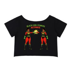 "black girl powers" off shoulder rolled hem cotton t shirt (black)