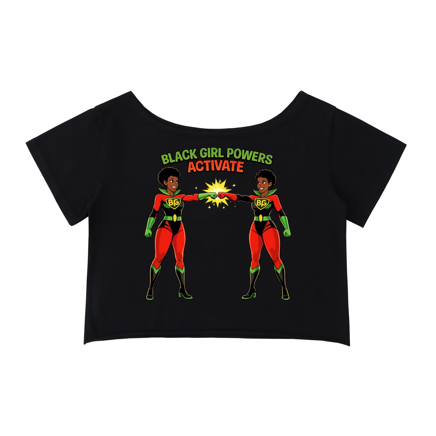 "black girl powers" off shoulder rolled hem cotton t shirt (black)