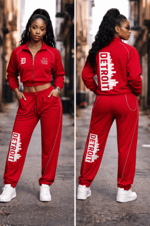 Front and back view of a 313 Emblems black zip-up tracksuit. The jacket features a cropped fit with Detroit skyline and sports team patches on the back. The matching flare joggers feature "DETROIT" in colorful block letters down the legs.