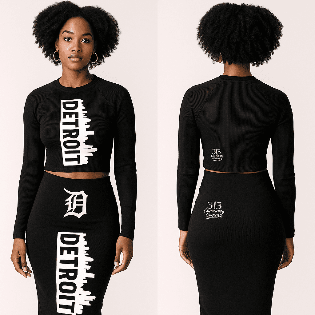 Front and back view of a 313 Emblems black ribbed two-piece set featuring a long-sleeve crop top and midi skirt. Both pieces display the white vertical "DETROIT" skyline graphic and Gothic "D" branding.