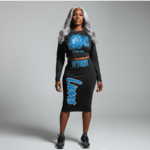 A woman wearing the 313 Emblems "Roar of the D" two-piece set, featuring a black long-sleeve crop top with a blue lion graphic and a matching midi-length bodycon skirt. The skirt features a large blue "Lions" script graphic and "DETROIT" branding at the waistband.