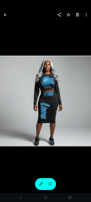A woman wearing the 313 Emblems "Roar of the D" two-piece set, featuring a black long-sleeve crop top with a blue lion graphic and a matching midi-length bodycon skirt. The skirt features a large blue "Lions" script graphic and "DETROIT" branding at the waistband.
