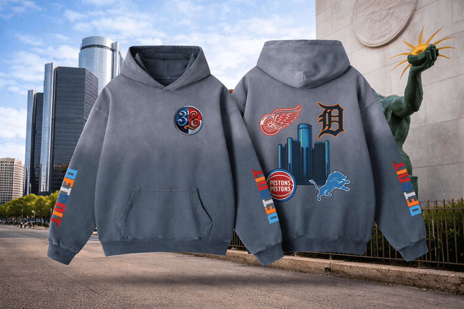 Front and back view of a 313 Emblems "313 Teams" grey sunfade hoodie floating over a Detroit street. The back features a collage of iconic Detroit sports patches—Red Wings, Tigers, Pistons, and Lions—alongside the city skyline. Colorful "DETROIT" branding is visible on both sleeves.