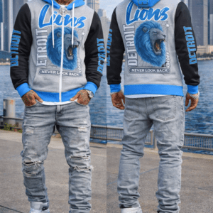 "313 teams detroit lions" urban streetwear adult full zip turtleneck hoodie streetwear silver back