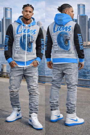 "313 teams detroit lions" urban streetwear adult full zip turtleneck hoodie streetwear silver back