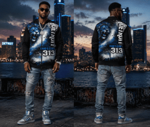 "313 teams lions fade" urban streetwear men's all over print zip up bomber jacket