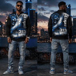 "313 teams lions fade" urban streetwear men's all over print zip up bomber jacket