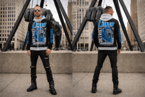 "313 teams detroit lions" urban streetwear adult full zip turtleneck hoodie streetwear grey on black