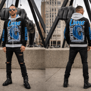 "313 teams detroit lions" urban streetwear adult full zip turtleneck hoodie streetwear grey on black