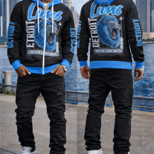 "313 teams detroit lions" urban streetwear adult full zip turtleneck hoodie streetwear blue on black