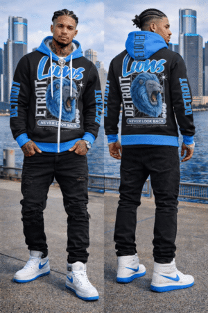 "313 teams detroit lions" urban streetwear adult full zip turtleneck hoodie streetwear blue on black