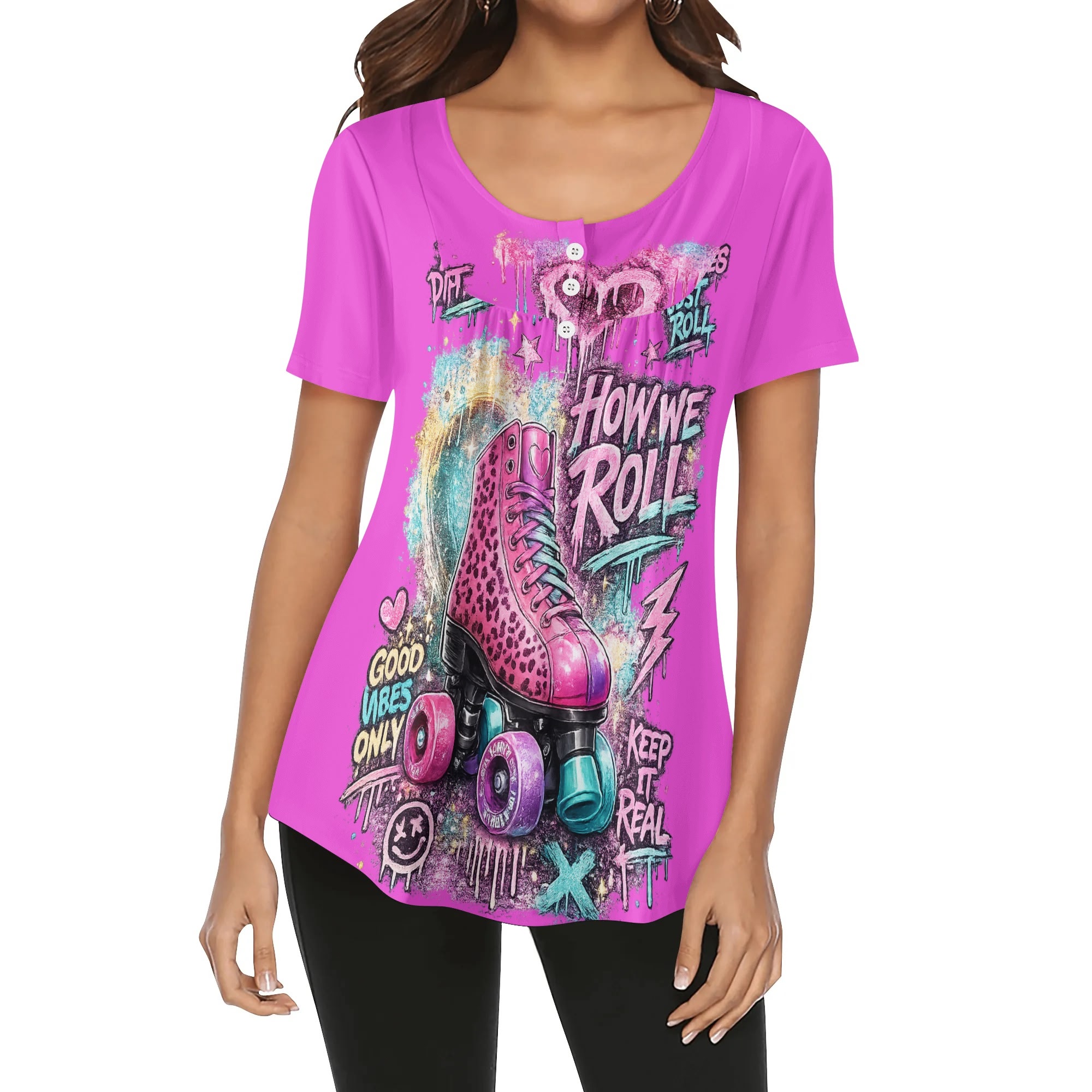 "How We Roll" Women's Blouse White/Pink - Image 16