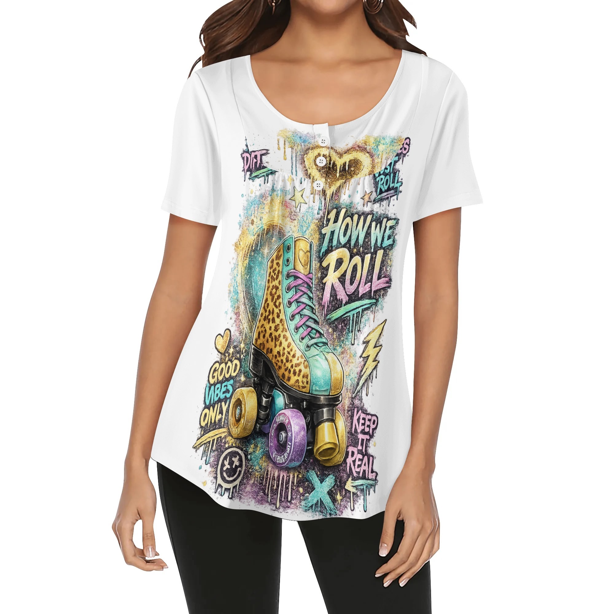 "How We Roll" Women's Blouse White/Pink - Image 6